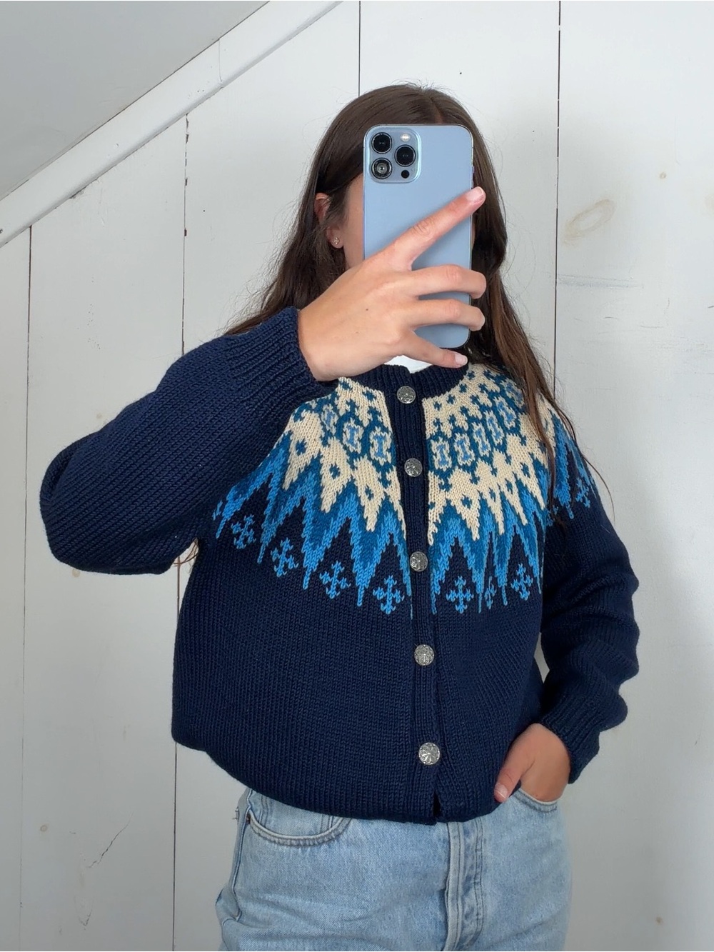 Vintage Saga Navy Blue Handknit Nordic Fair Isle Woo Cardigan Sweater Womens M/L